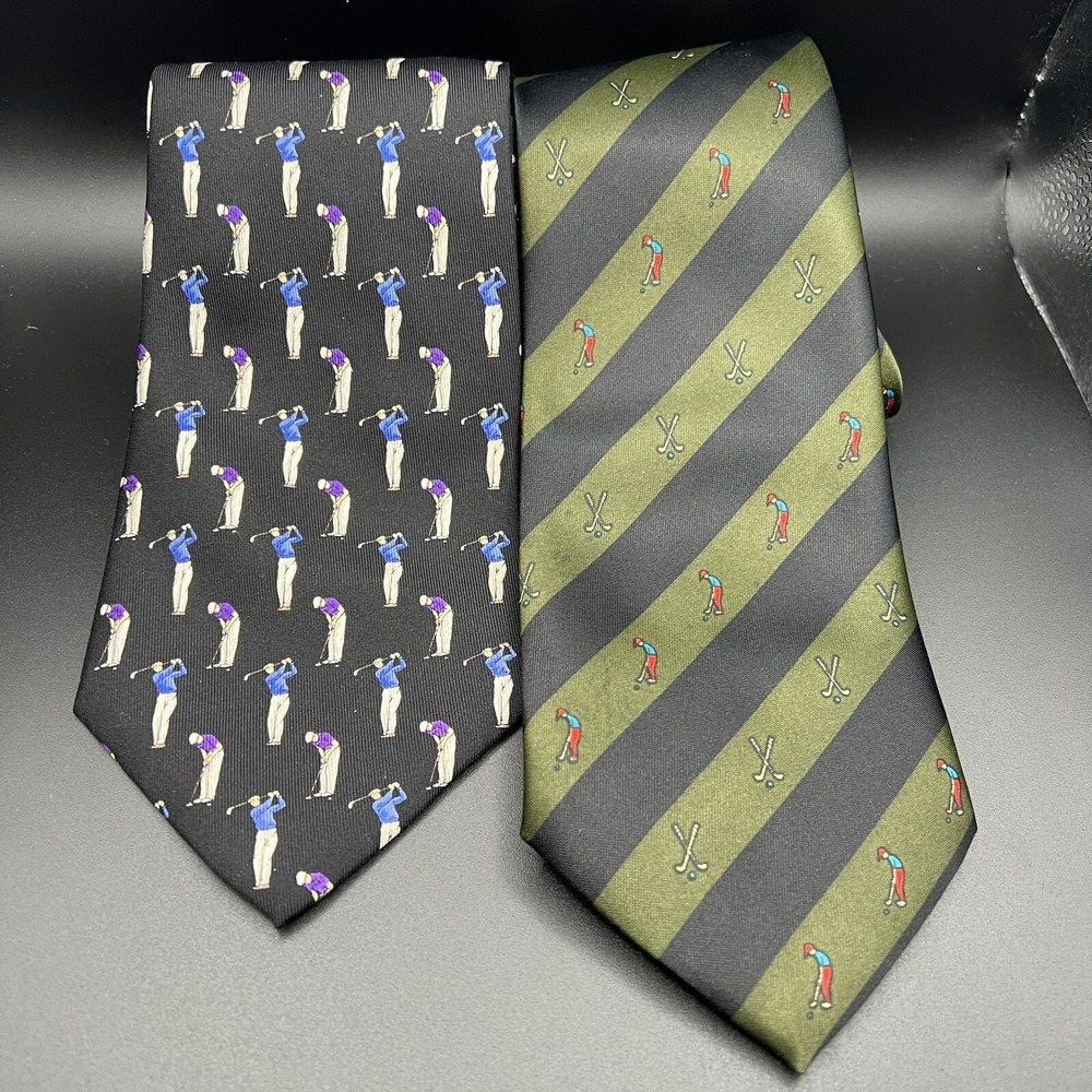 Mercedes & Lauren Ralph Lauren GOLF 100% Silk Neck Tie ~ Black Green ~ 2 Ties‎